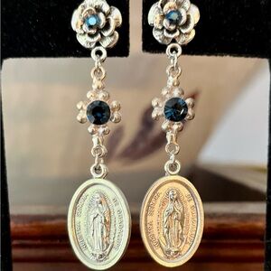 Guadalupe Earrings Double Sided Medals Santo Nino de Atocha, Blue Crystals